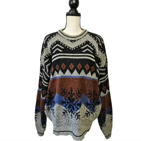 Vintage Oversized Winter Snowflake Grandpa Holiday Neutral Knit Crewneck Sweater - Picture 1 of 7